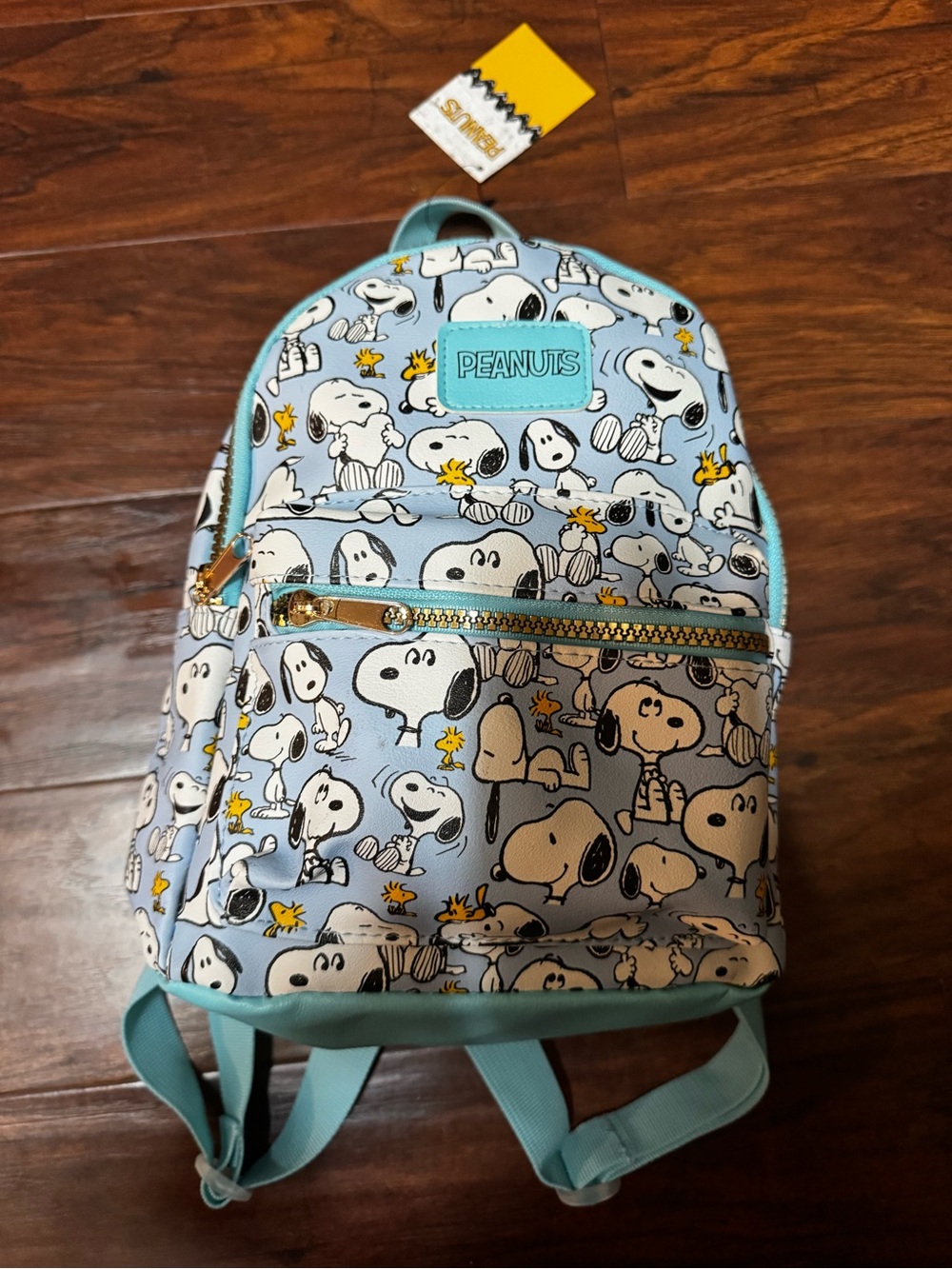 Peanuts Light Blue Snoopy & Woodstock Pattern Mini Backpack with Gold Zipper